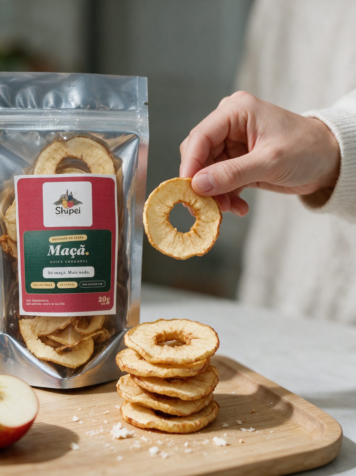 Chips de maçã empilhados sobre uma tábua de madeira